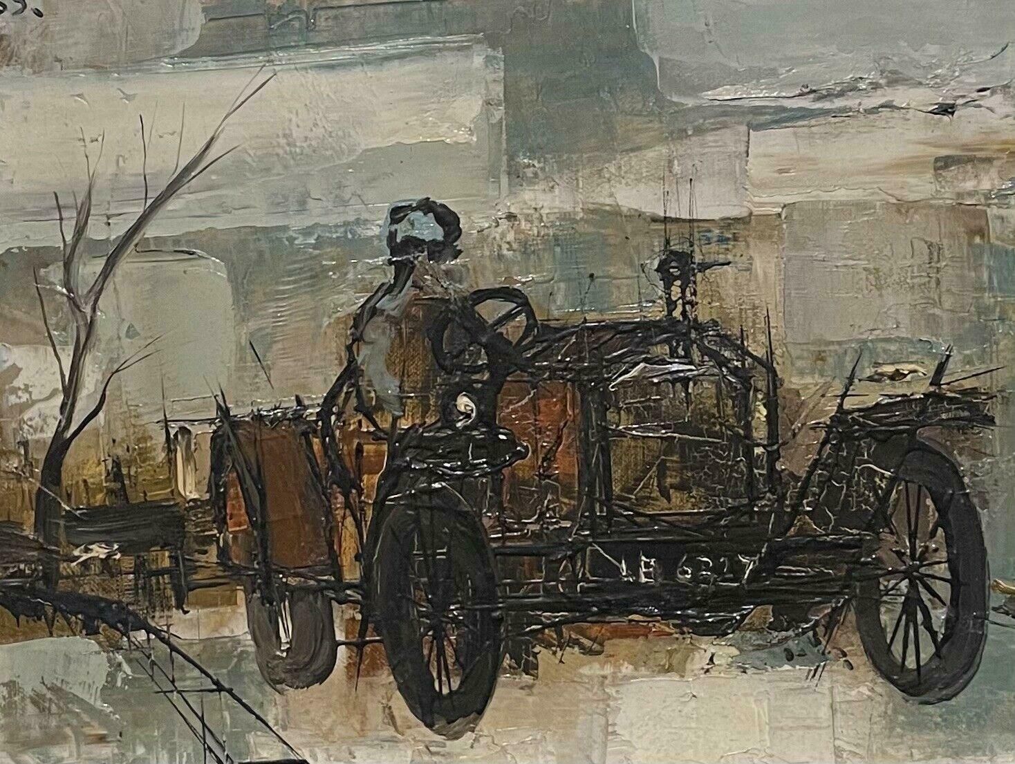 Jean Pierre Rousseau1960's French Modernist Signed Oil Man Driving 1900's Vintage Car