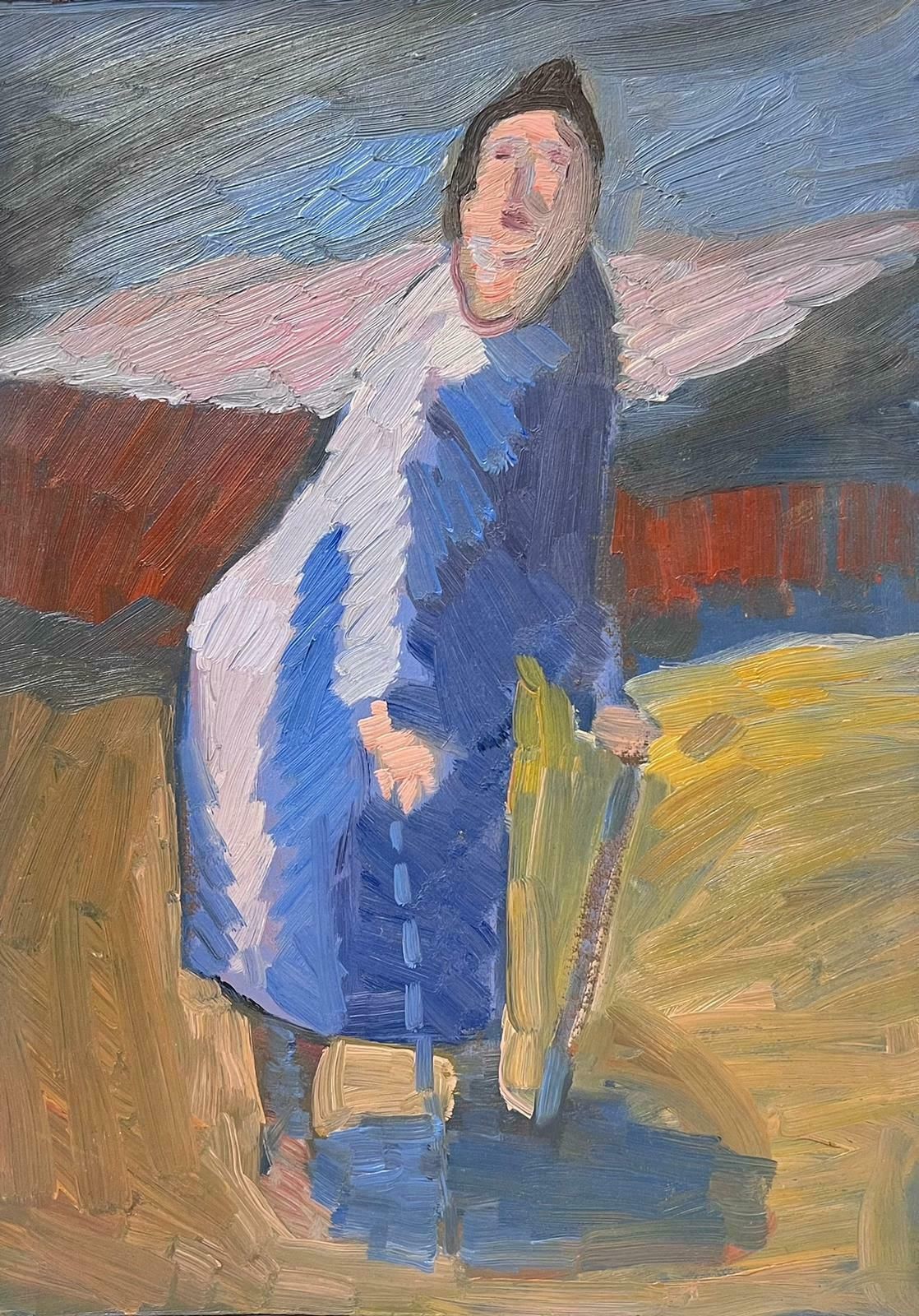 French School20th Century French Modernist Oil Painting Elderly Lady Walking With Sticks