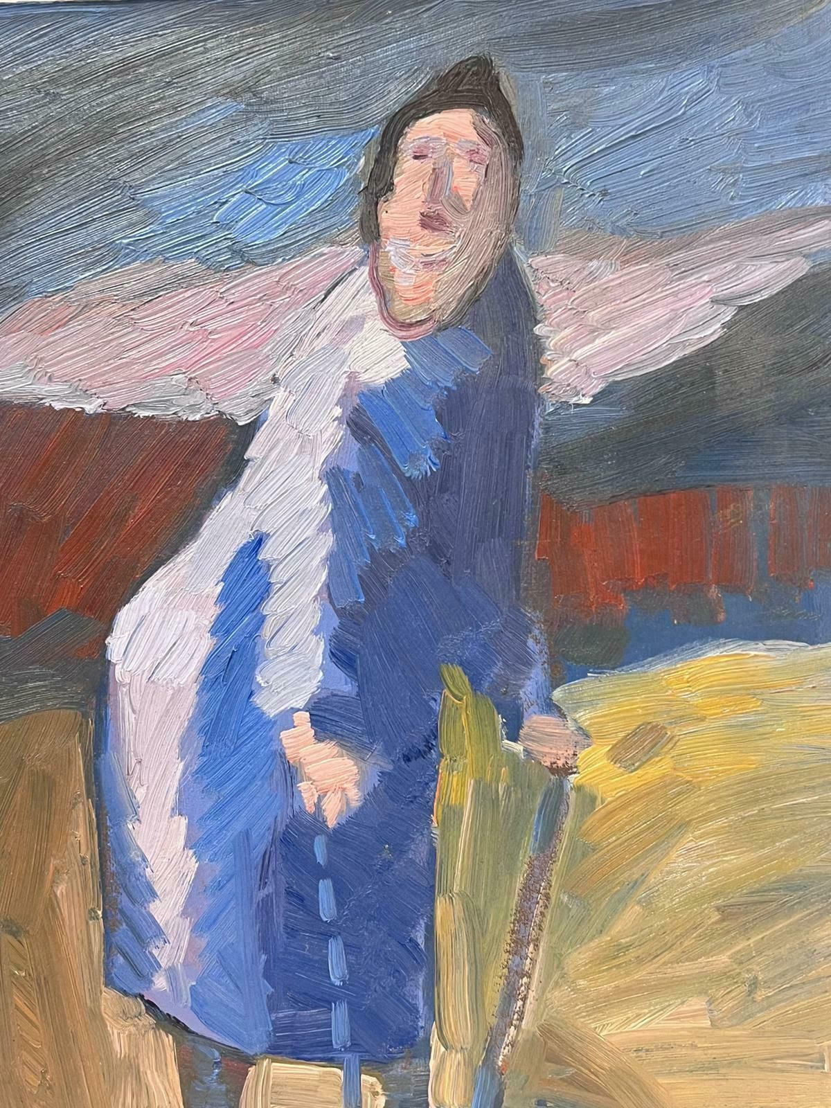 French School20th Century French Modernist Oil Painting Elderly Lady Walking With Sticks photo for sale