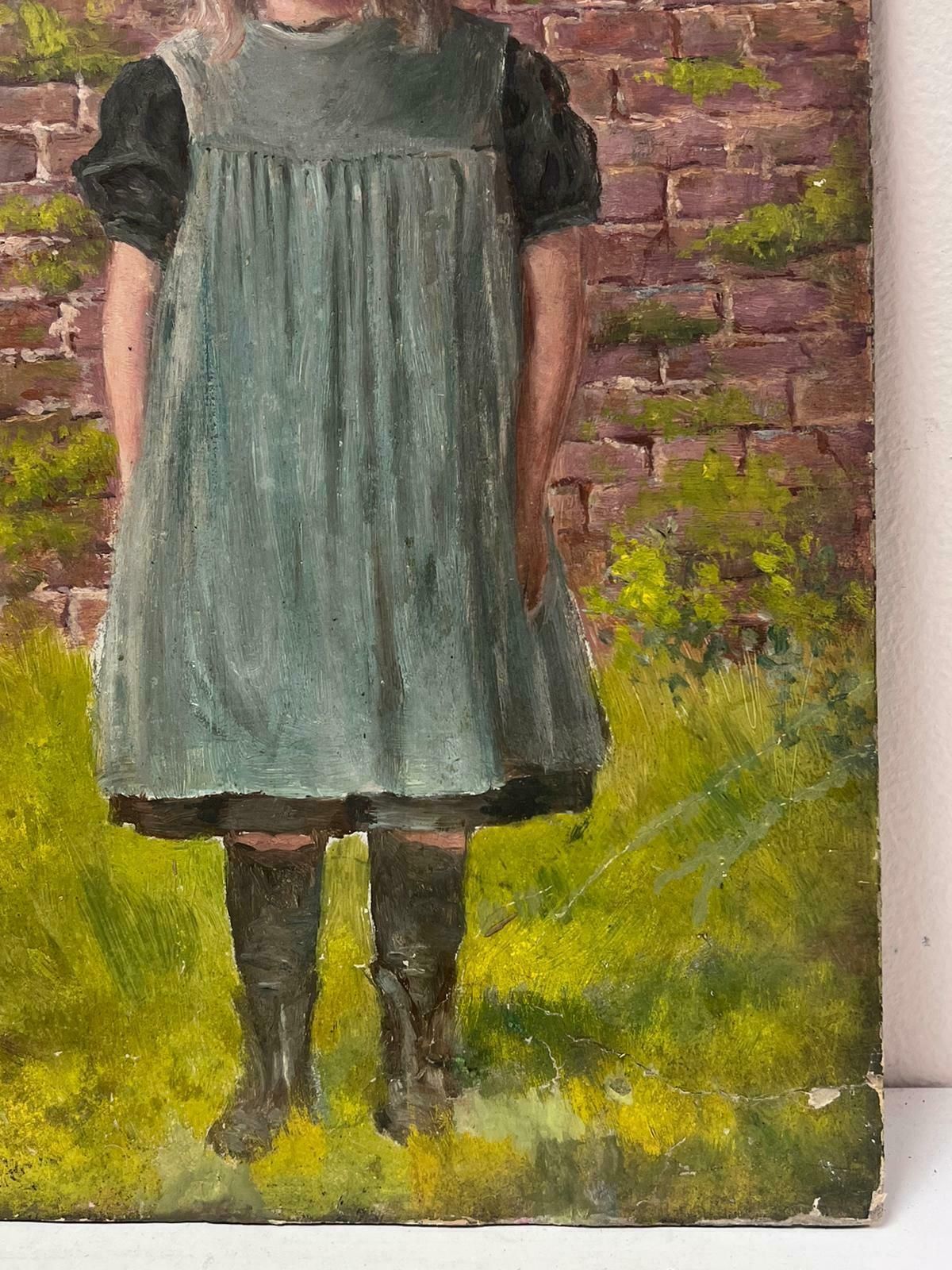 Antique English Victorian English Oil Painting Young Girl In Dress Standing In Village Garden photo Art