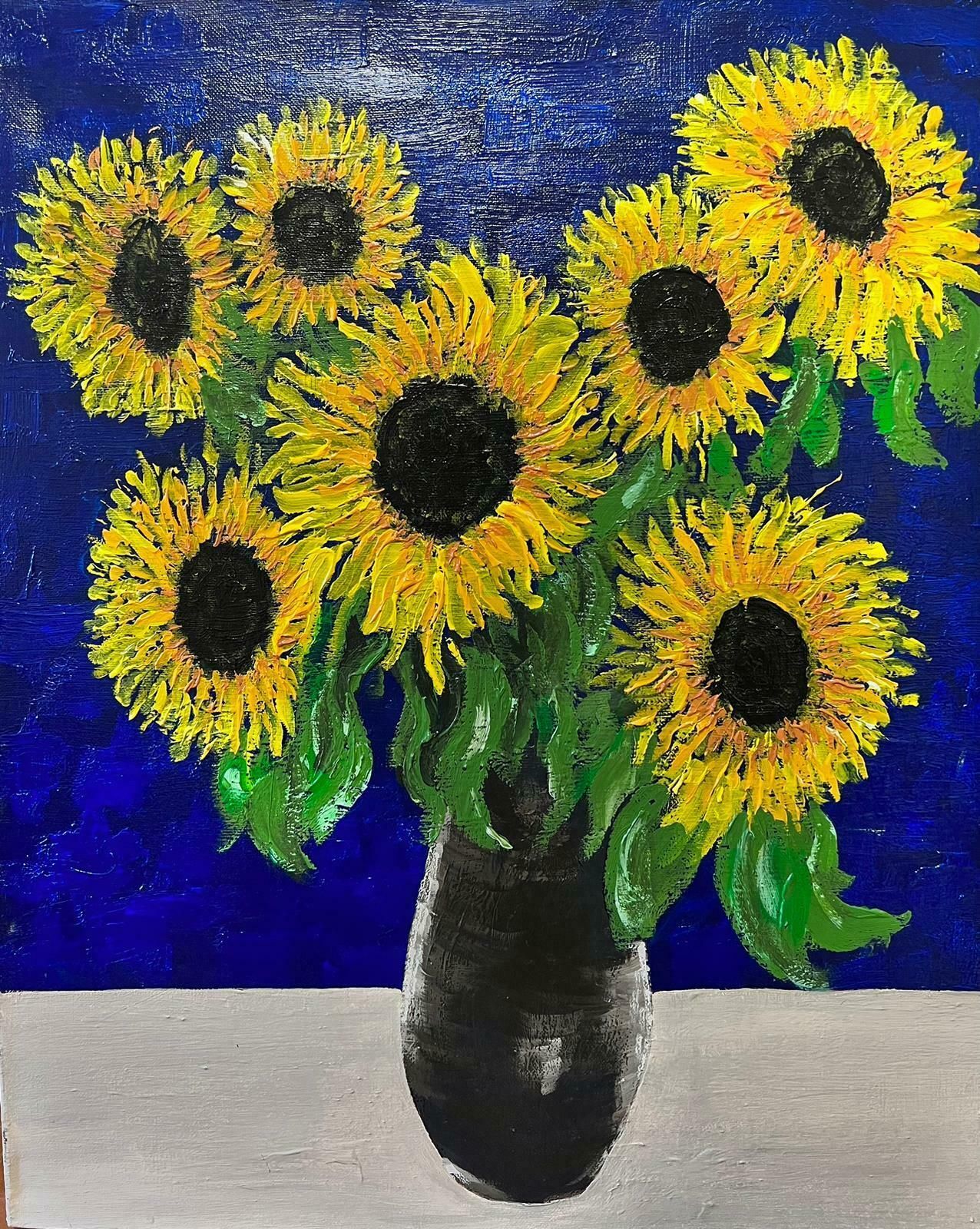 Contemporary British Sunflowers In Vase Blue Background Colourful Modern British Oil Painting
