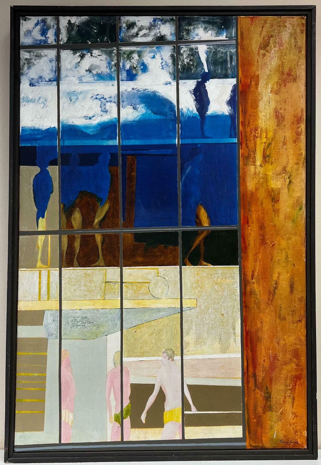 Jerry Joneshuge 1970's British Surrealist Abstract Signed Oil Male Figures Through Window photo furniture