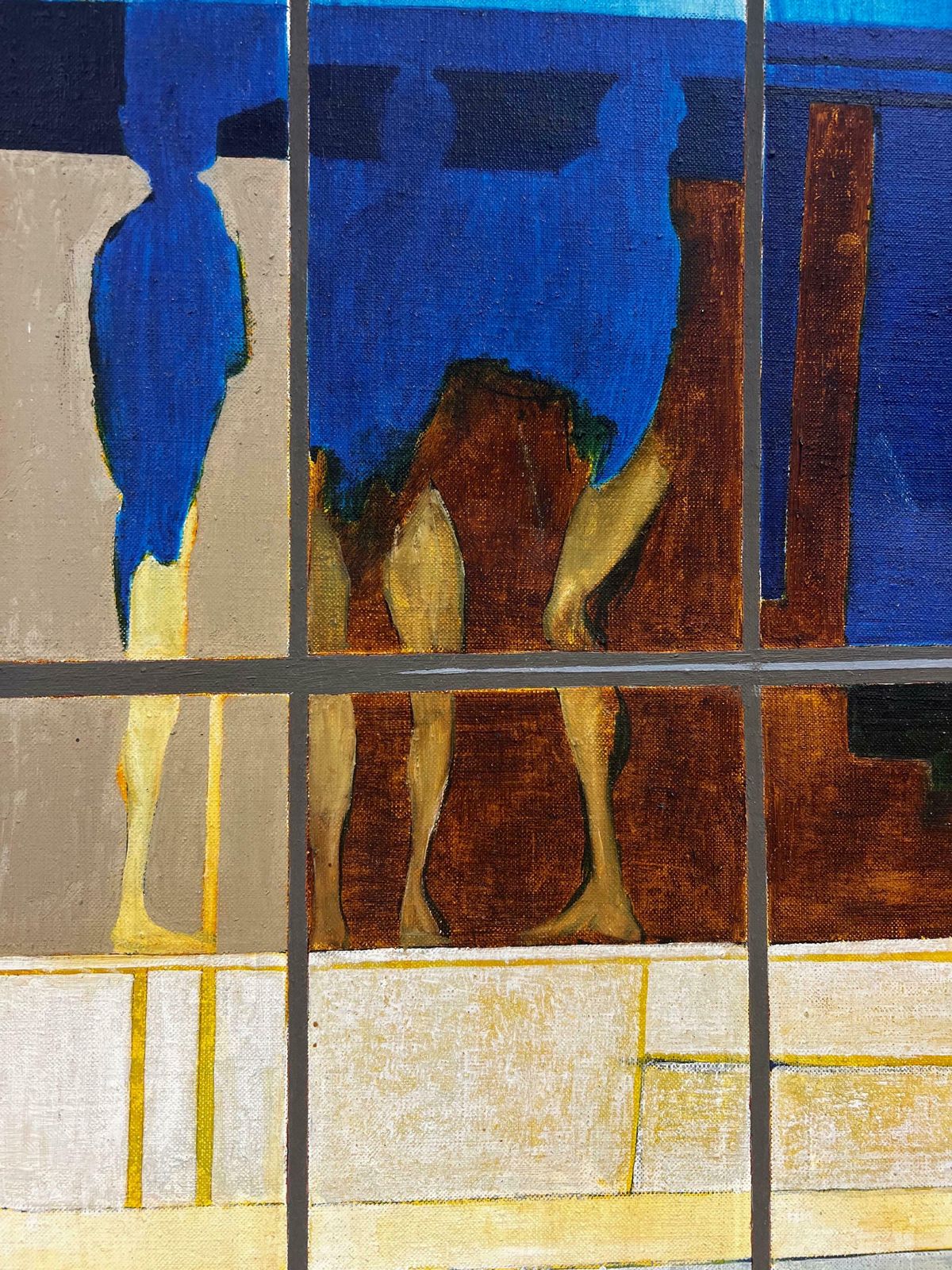 Jerry Joneshuge 1970's British Surrealist Abstract Signed Oil Male Figures Through Window photo vinterior
