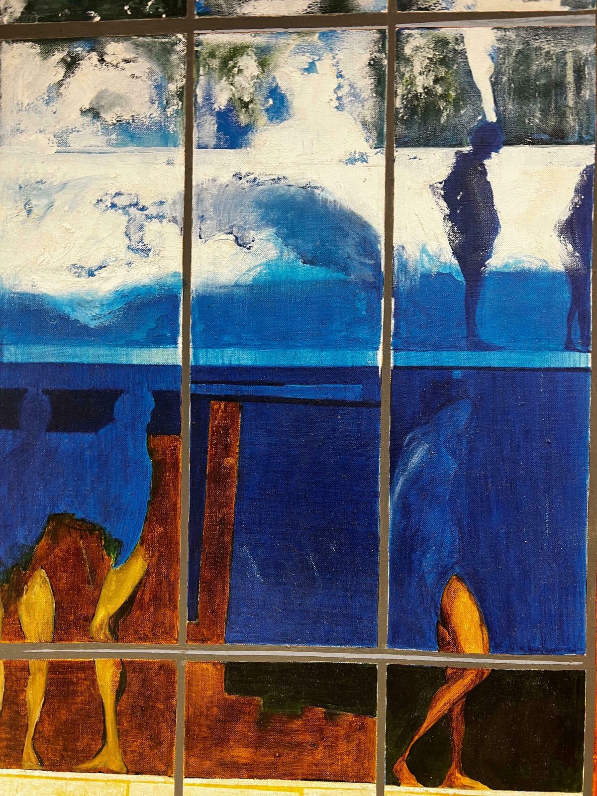 Jerry Joneshuge 1970's British Surrealist Abstract Signed Oil Male Figures Through Window photo vintage