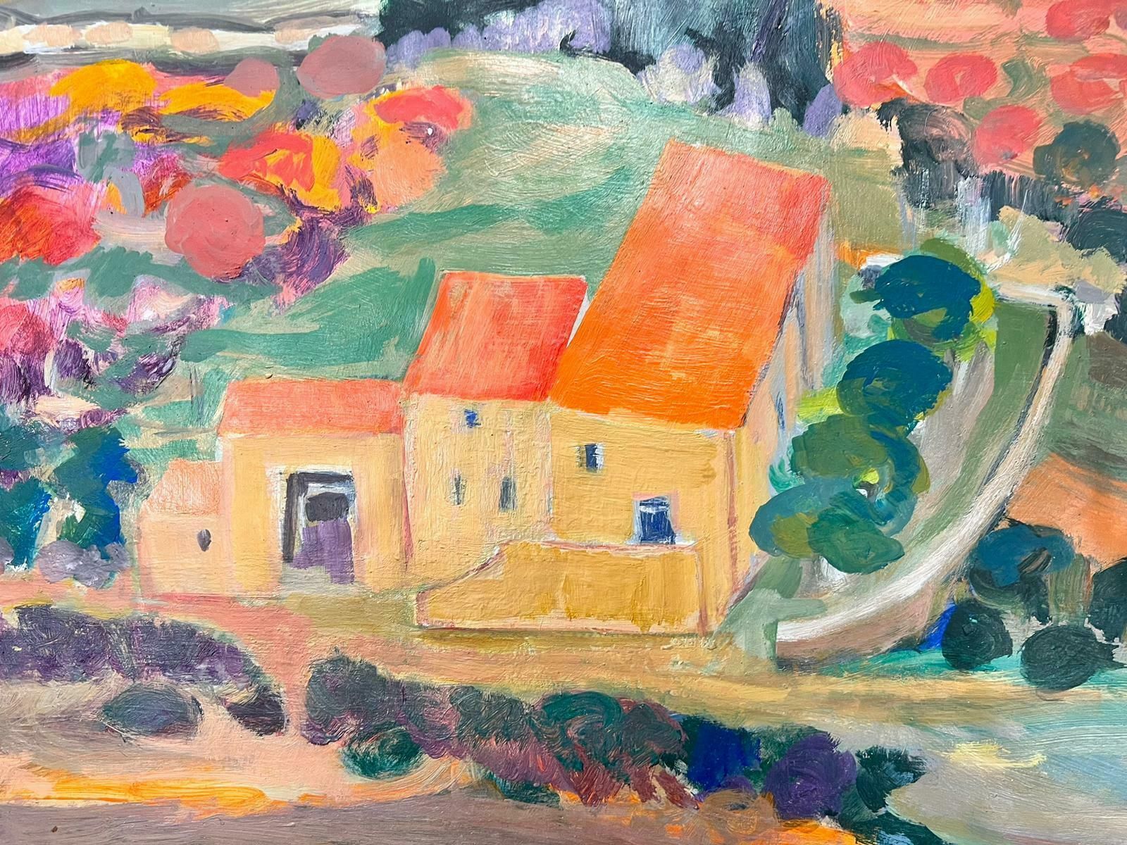 Huguette Ginet Lasnier French Modernist Vibrant Provence Landscape With Orange Roof Houses, Signed Oil C. 2000's photo for sale