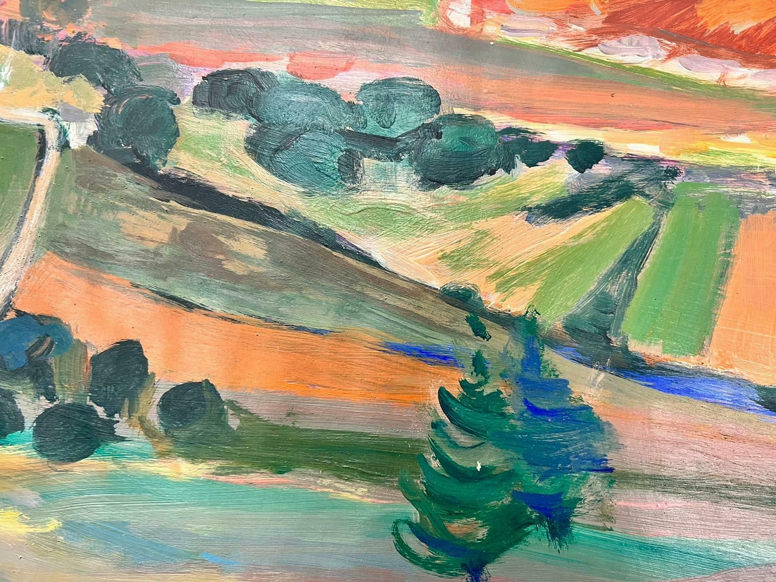 Huguette Ginet Lasnier French Modernist Vibrant Provence Landscape With Orange Roof Houses, Signed Oil C. 2000's photo Art
