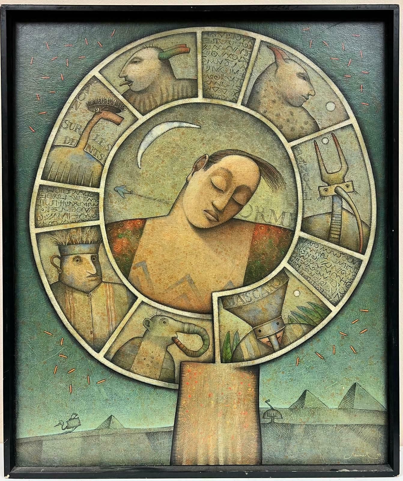 French School1990's French Surrealist Signed Painting Figurative Fantasy Circular Themed 1993 photo furniture