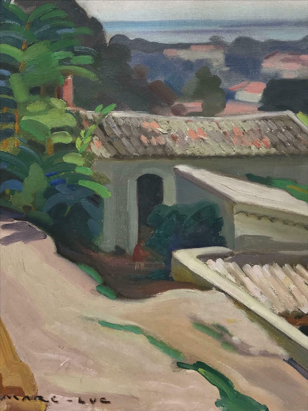 French School1930s French Post Impressionist Oil Painting   Pink Rooftops Over Provence Coast photo Art