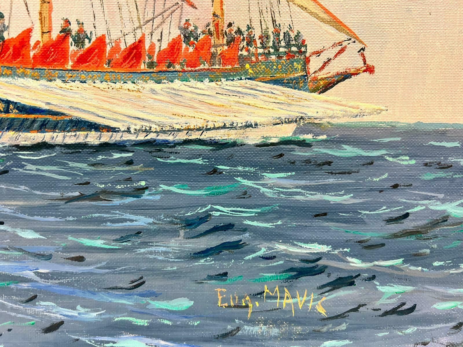 Eug.Mauvienaval Maritime Oil Painting Historical Ships At Sea, Finely Detailed Work photo for sale