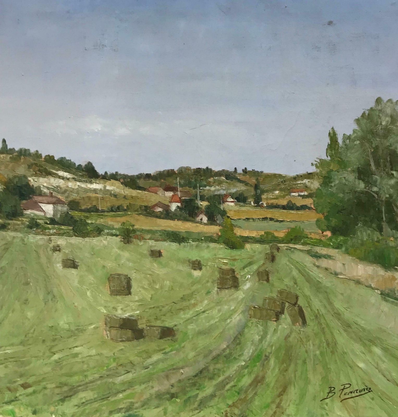 Bernard Perronehay Bales Harvest Green Fields, Large French Landscape Signed Oil Painting photo for sale
