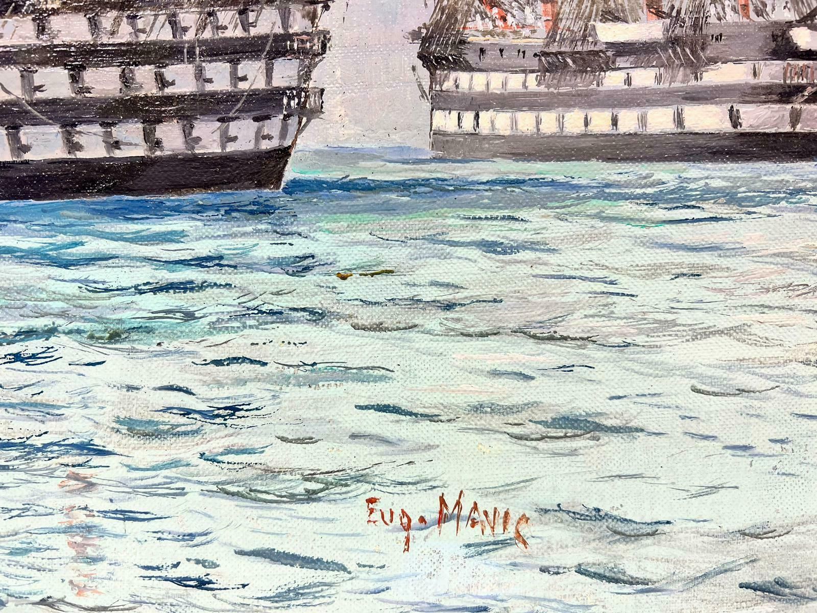 Eug.Mauviefine Napoleonic Wars Period French Tall Ships At Sea, Signed Oil On Canvas photo Art