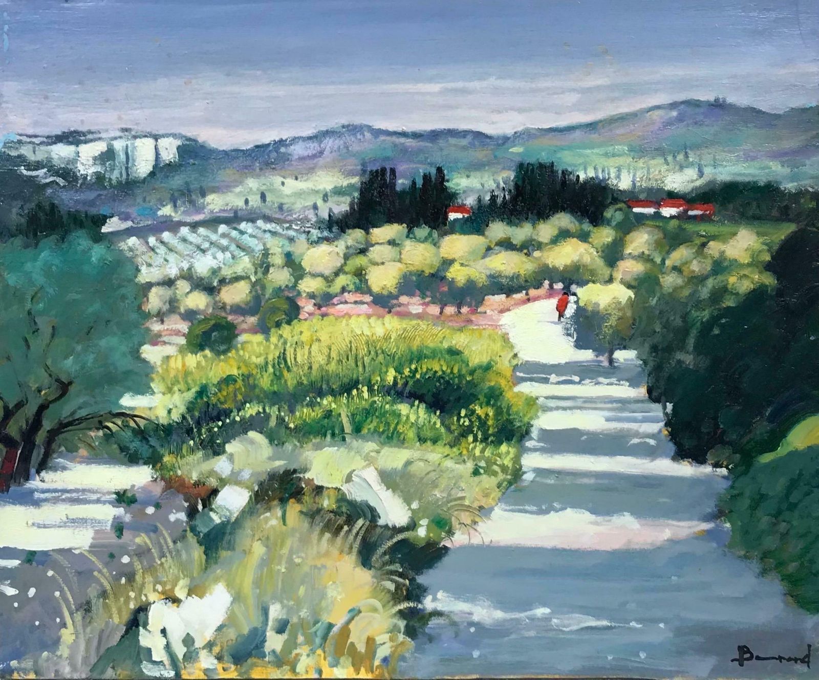 Guy Benardles Alpilles Provence, Sunny Summer Landscape Figures Walking In Lane, Oil