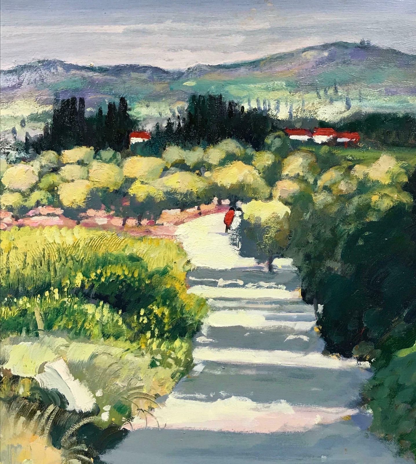 Guy Benardles Alpilles Provence, Sunny Summer Landscape Figures Walking In Lane, Oil photo for sale