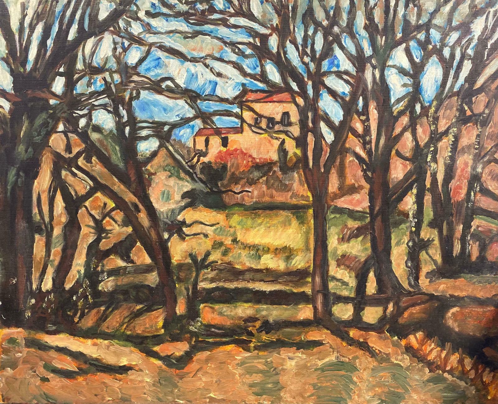 French Post Impressionistfrench Post Impressionist Oil After Cezanne Houses In Winter Woodland Landscape
