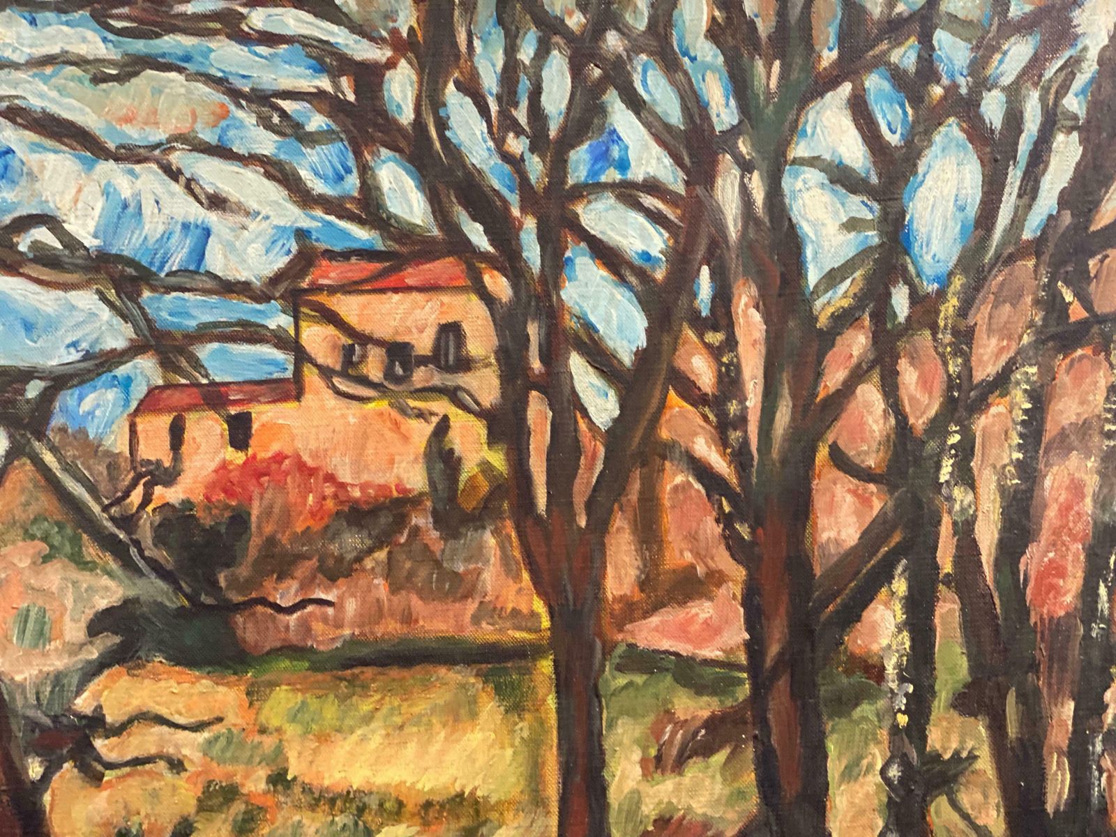 French Post Impressionistfrench Post Impressionist Oil After Cezanne Houses In Winter Woodland Landscape photo vinterior