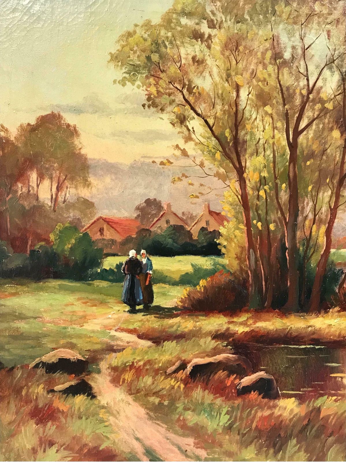 20th Century French Schoolearly 20th Century French Siged Oil Two Figures Autumn Landscape By Lake photo buy