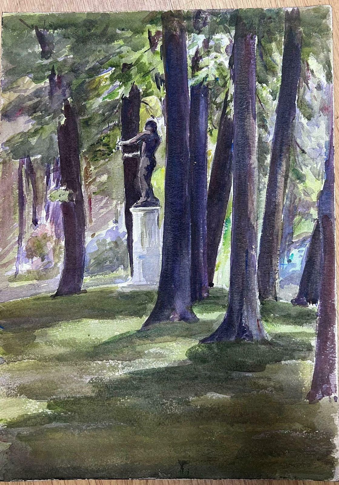 Louise Alix1930's French Watercolour Black Stone Statue In Tall Tree Forest1940's photo Art