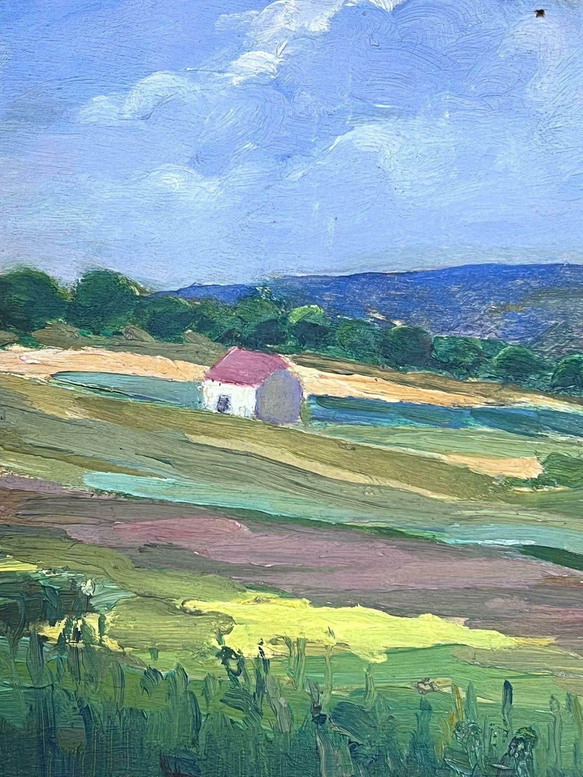 Louise Alix1930's French Oil Painting Red Roof House In Green Open Fields1940's photo for sale