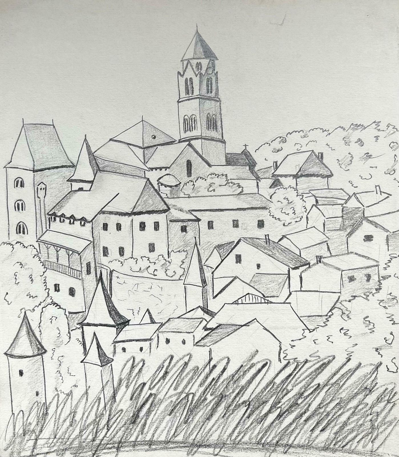Bernard Labbe1950's Modernist/ Cubist Painting   Drawing Church And Houses1950's