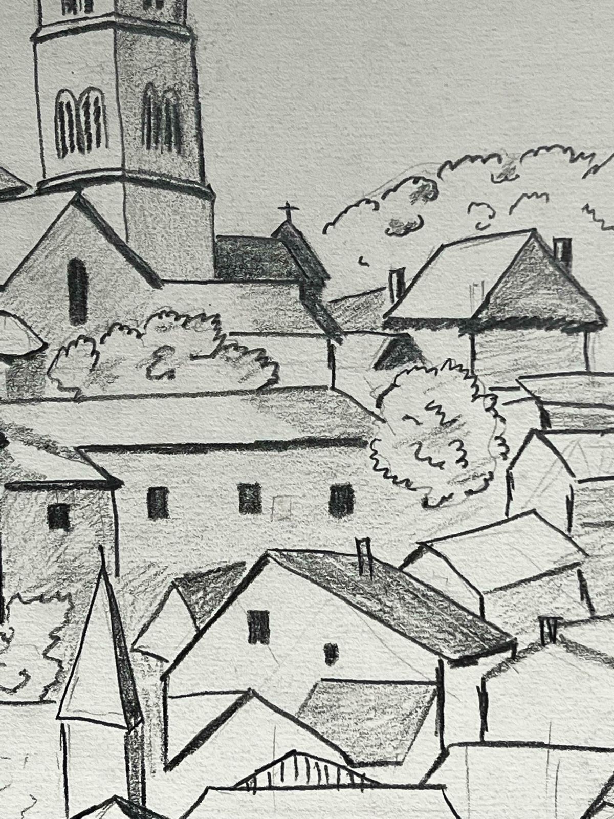 Bernard Labbe1950's Modernist/ Cubist Painting   Drawing Church And Houses1950's photo for sale