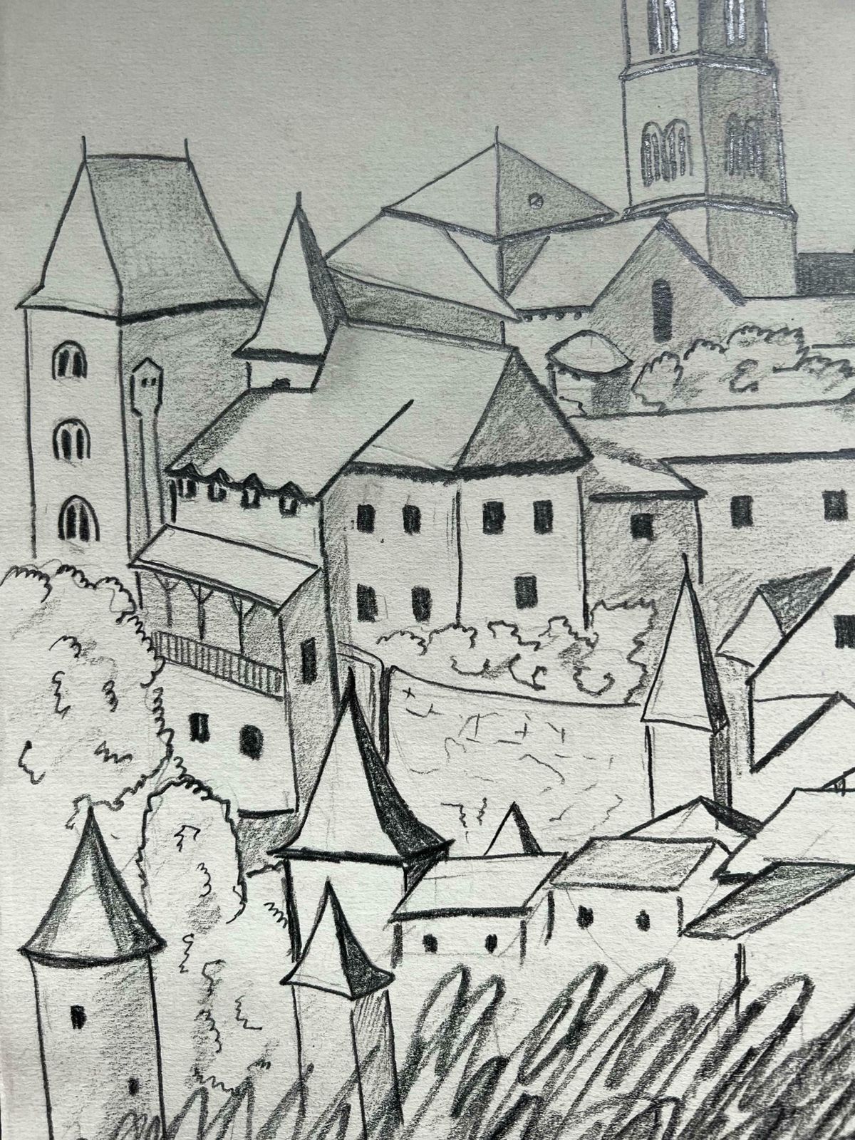 Bernard Labbe1950's Modernist/ Cubist Painting   Drawing Church And Houses1950's photo 512.0