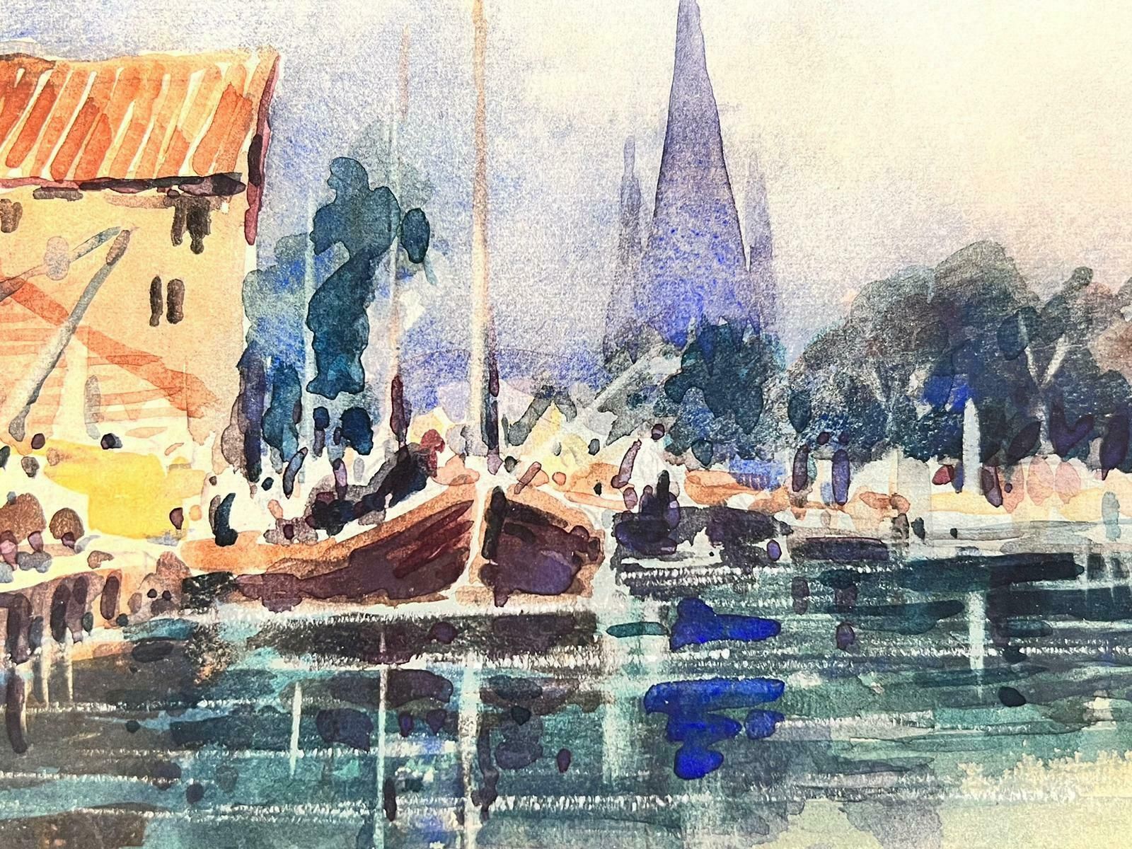 Maurice Mazeiliemaurice Mazeilie  French Watercolour   Blue Boats At The Harbour photo for sale
