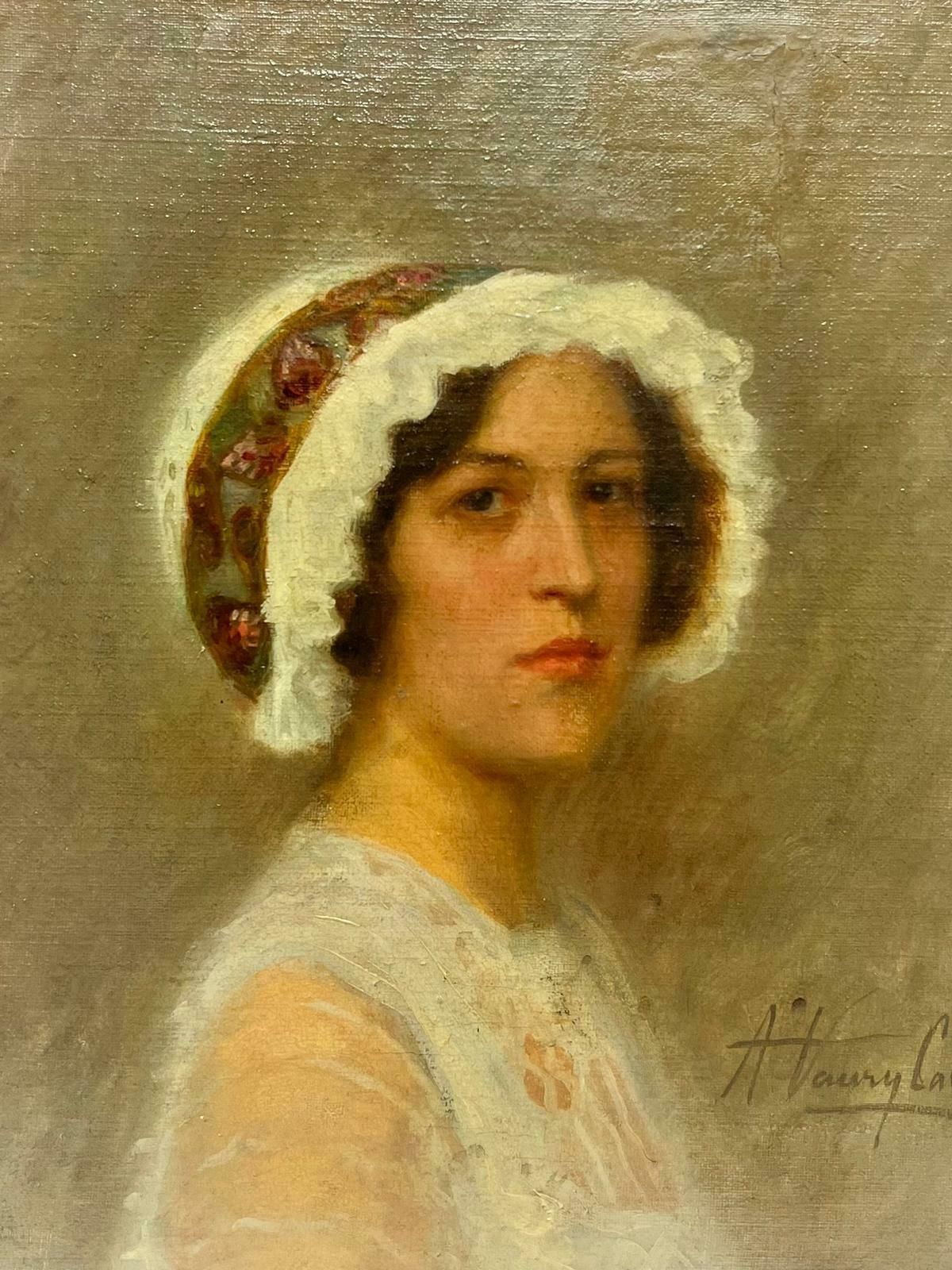 French Schoolantique French Signed Oil, Beautiful Young Lady In Fashionable Hat, Circa 1900's