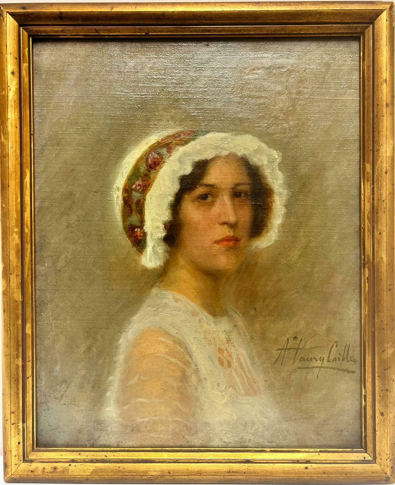 French Schoolantique French Signed Oil, Beautiful Young Lady In Fashionable Hat, Circa 1900's photo furniture