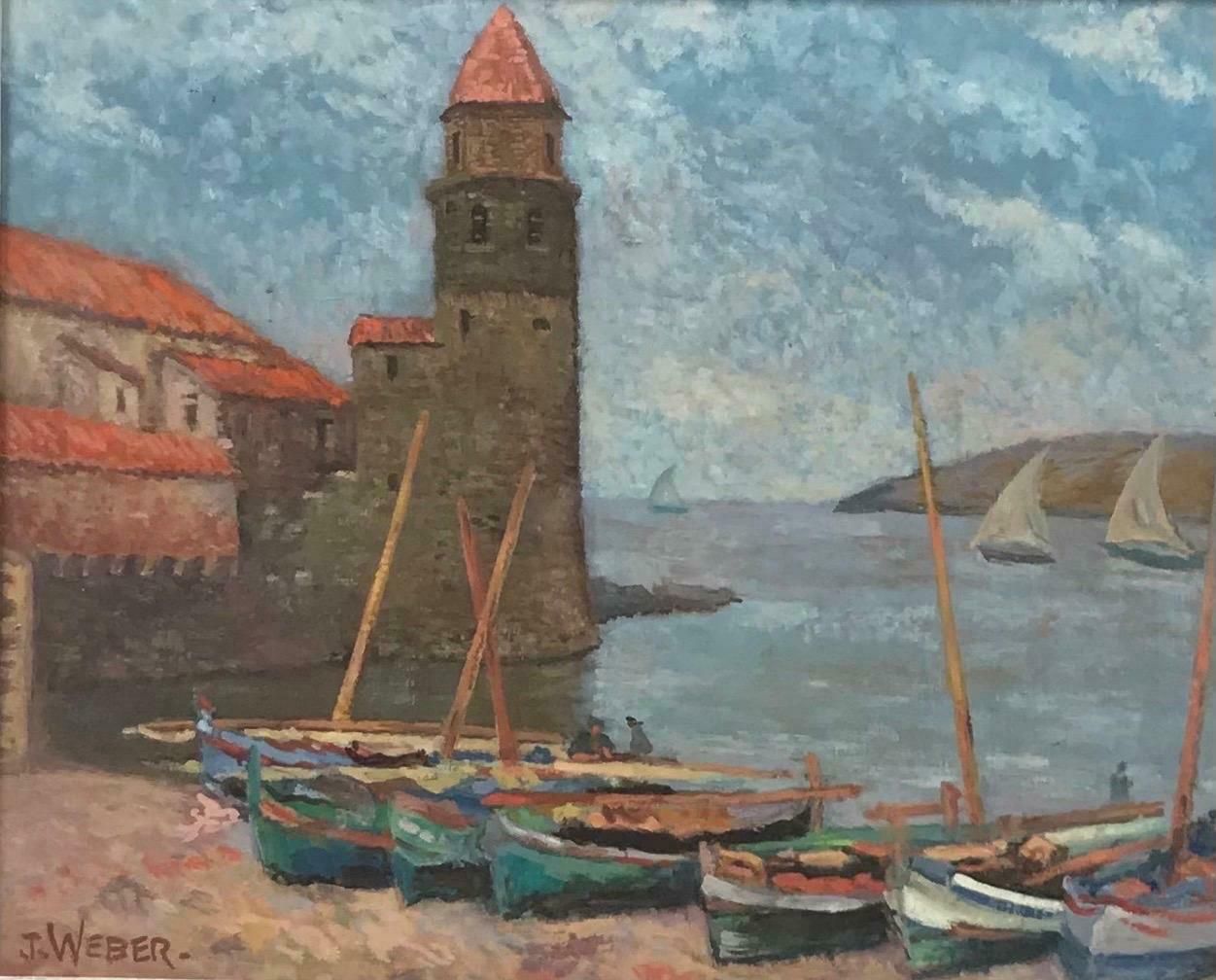 J. Webermid Century French Signed Oil Collioure Harbour South Of France, Fishing Boats photo furniture
