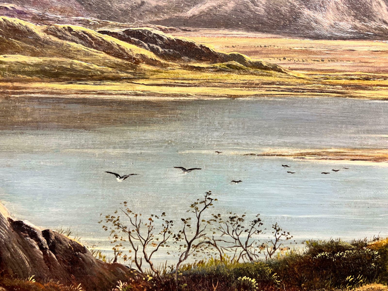 Charles Leslievery Fine Victorian Scottish Signed Oil Painting Panoramic Loch Scene Mountainsc. 1875 photo vintage