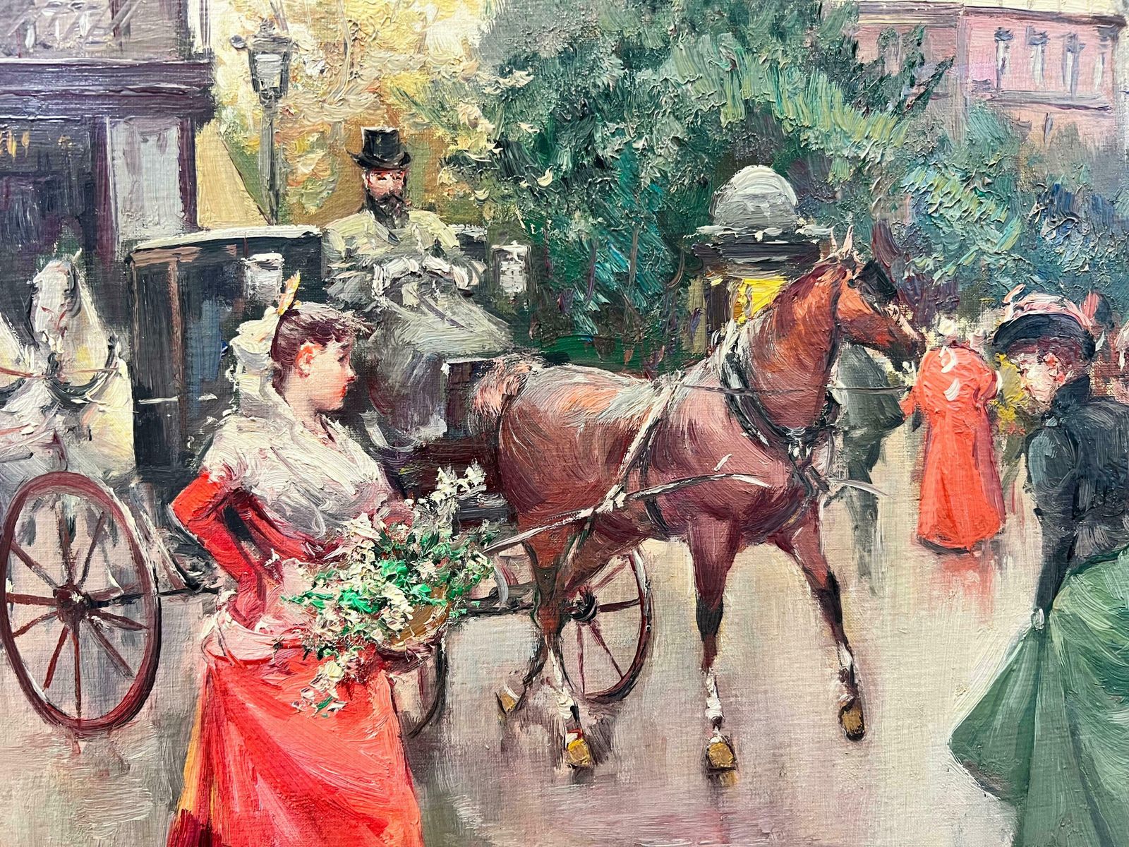 20th Century French Schoolelegant Belle Epoque Parisian Scene Horse & Carriage Flower Sellers & Ladies photo for sale