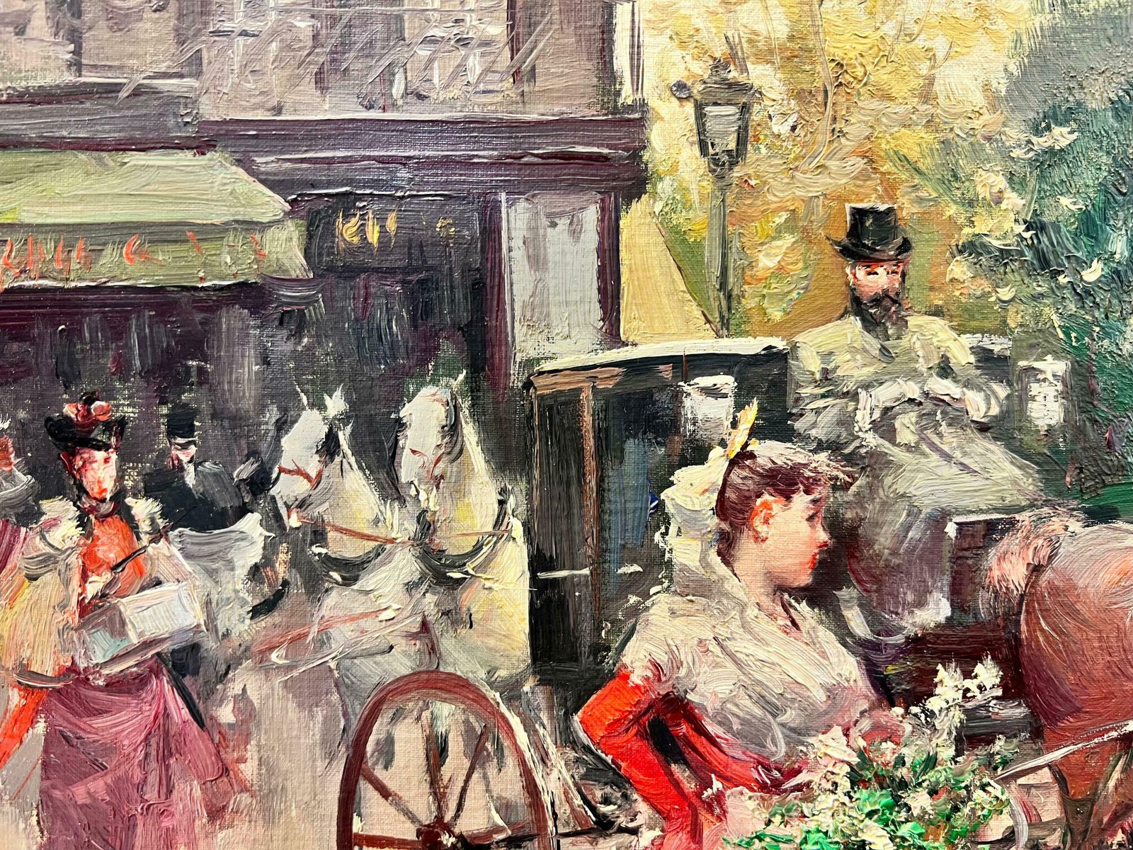 20th Century French Schoolelegant Belle Epoque Parisian Scene Horse & Carriage Flower Sellers & Ladies photo buy