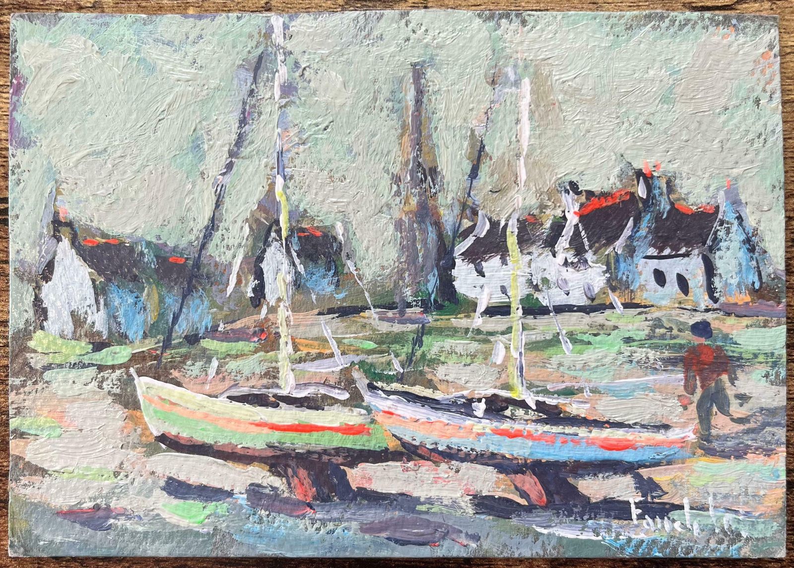 Fanch Lelfrench Impressionist Oil Painting Of Boats By The Sea In Breton Village2004 photo furniture