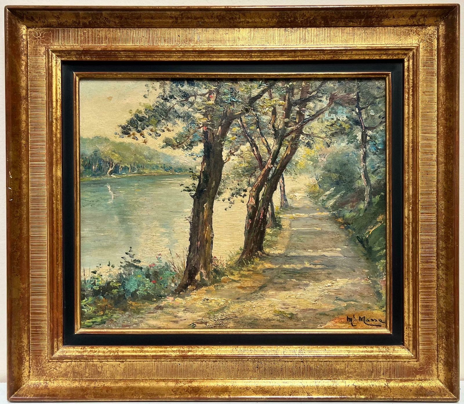 Mid Century Frenchbeautiful 1950's French Signed Oil Dappled Light Riverside Pathway, Framed