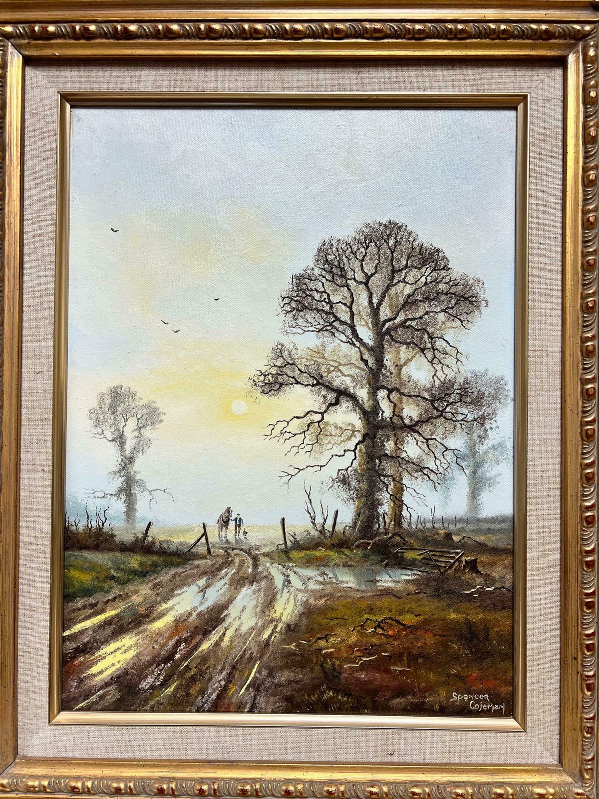 Spencer Colemanrural English Landscape Sunrise With Plough Horse, Farmer & Dog, Signed Oil photo for sale