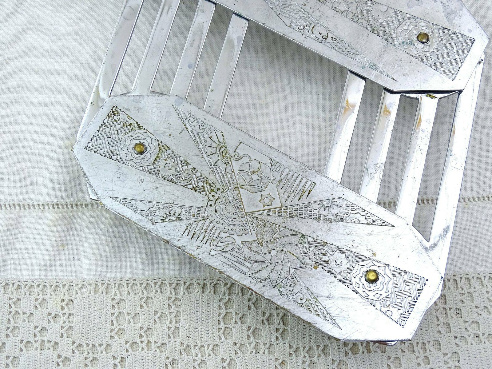 Vintage French Art Deco Chrome Plated Concertina Table Heat Mat, Retro Folding Metal Trivet France, Old Style Space Saver Kitchen Accessory photo buy