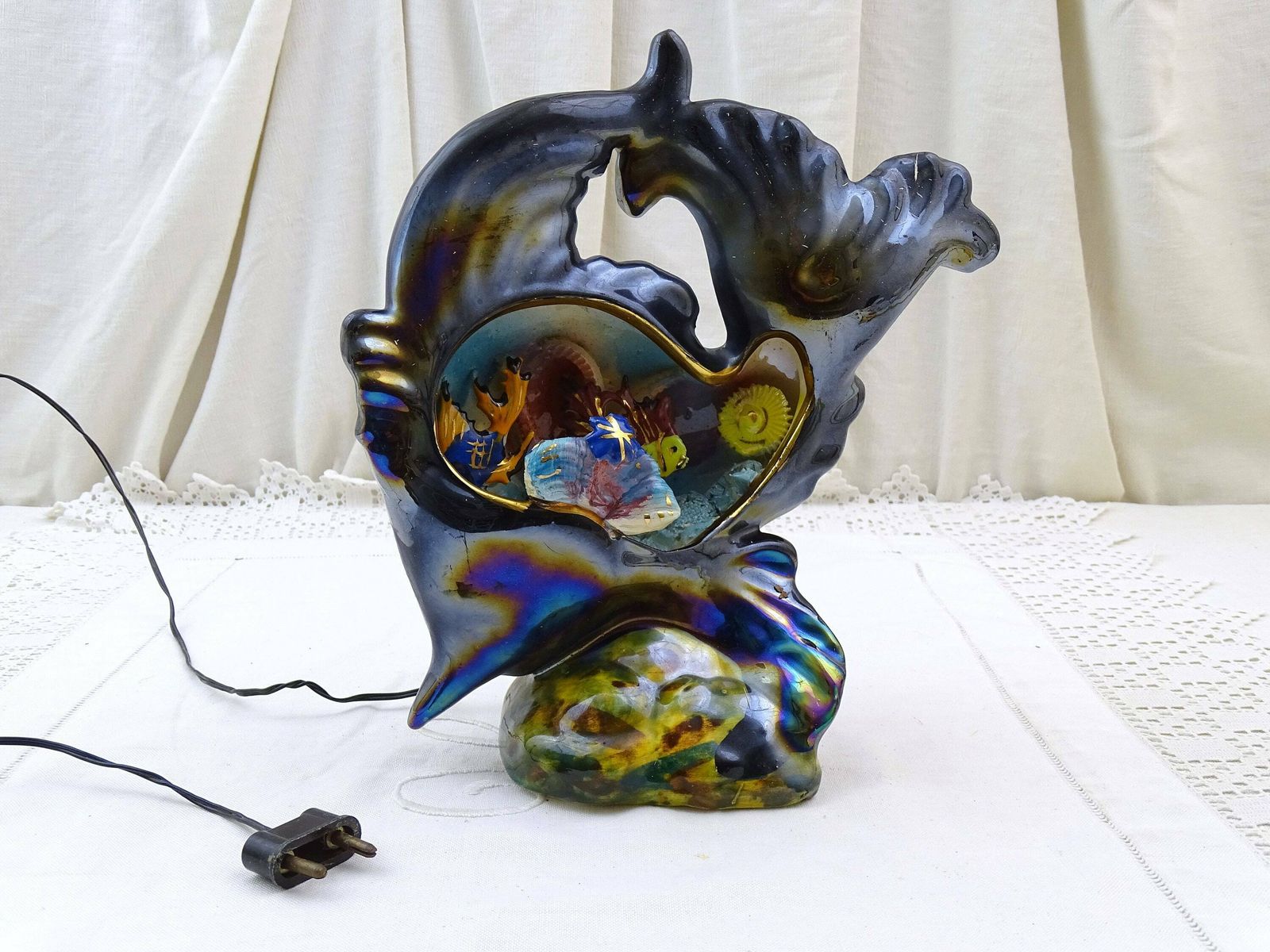 French Vintage Mid Century Vallauris Table Lamp Fish, Retro 1960s Monaco Encrusted Light, Kitsch Fun Novelty Zoomorphic Seaside Lighting photo Lighting
