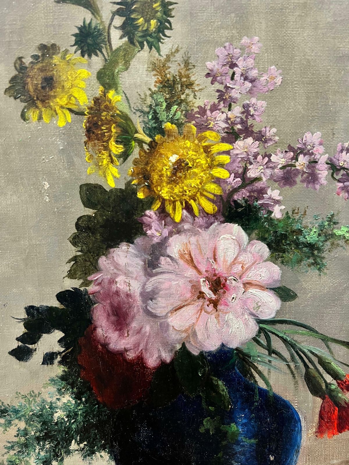 Antique Frenchfine Antique French Flower Painting, Signed Oil Beautiful Flowers In Blue Vase photo for sale