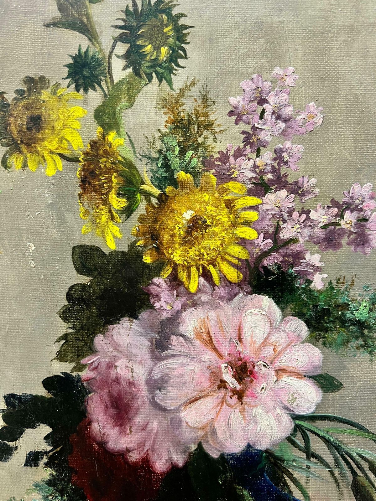 Antique Frenchfine Antique French Flower Painting, Signed Oil Beautiful Flowers In Blue Vase photo buy