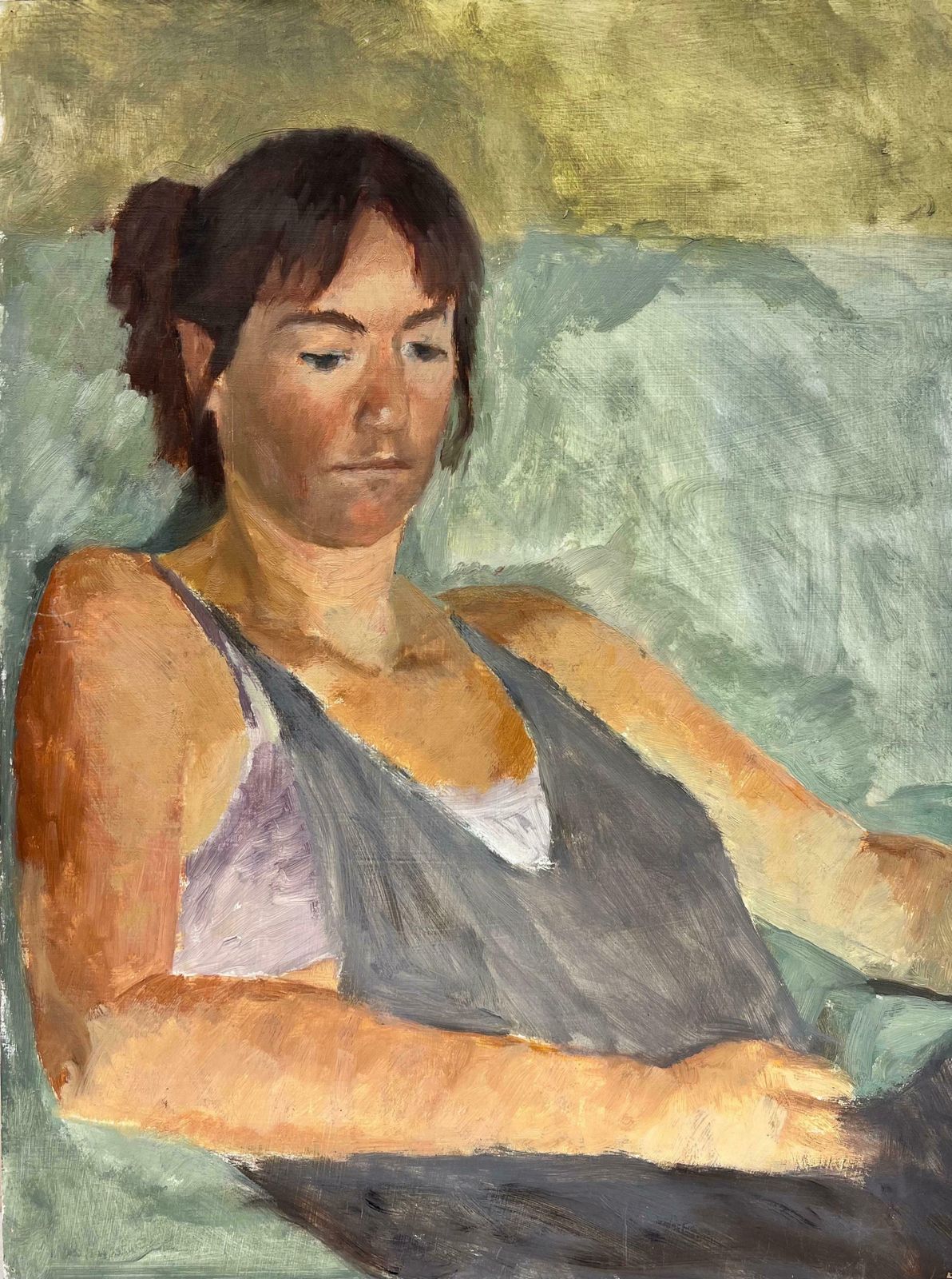 English Impressionist1960s English Impressionist Oil Young Lady Slumped In Chairc. 1960