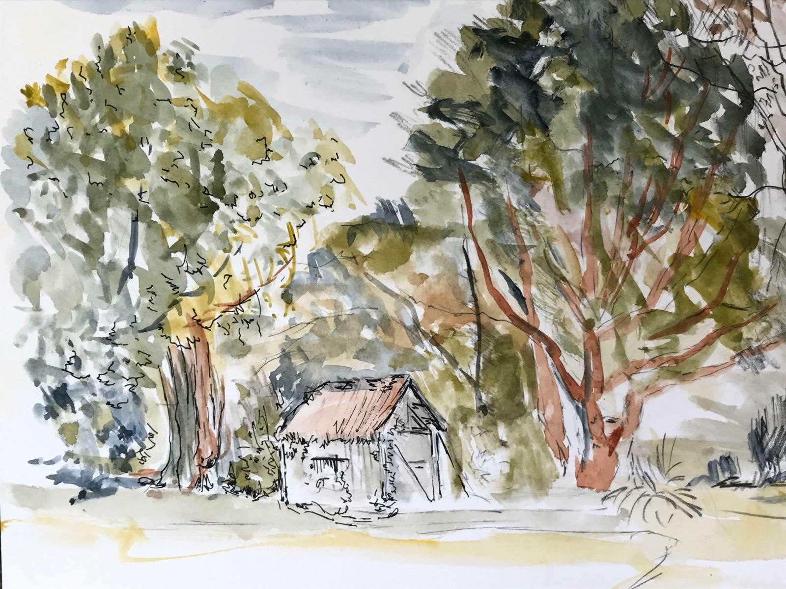 Bernard Labbe1950's Modernist/ Cubist Painting   Shed In The Forest Watercolour Landscape1950's photo for sale