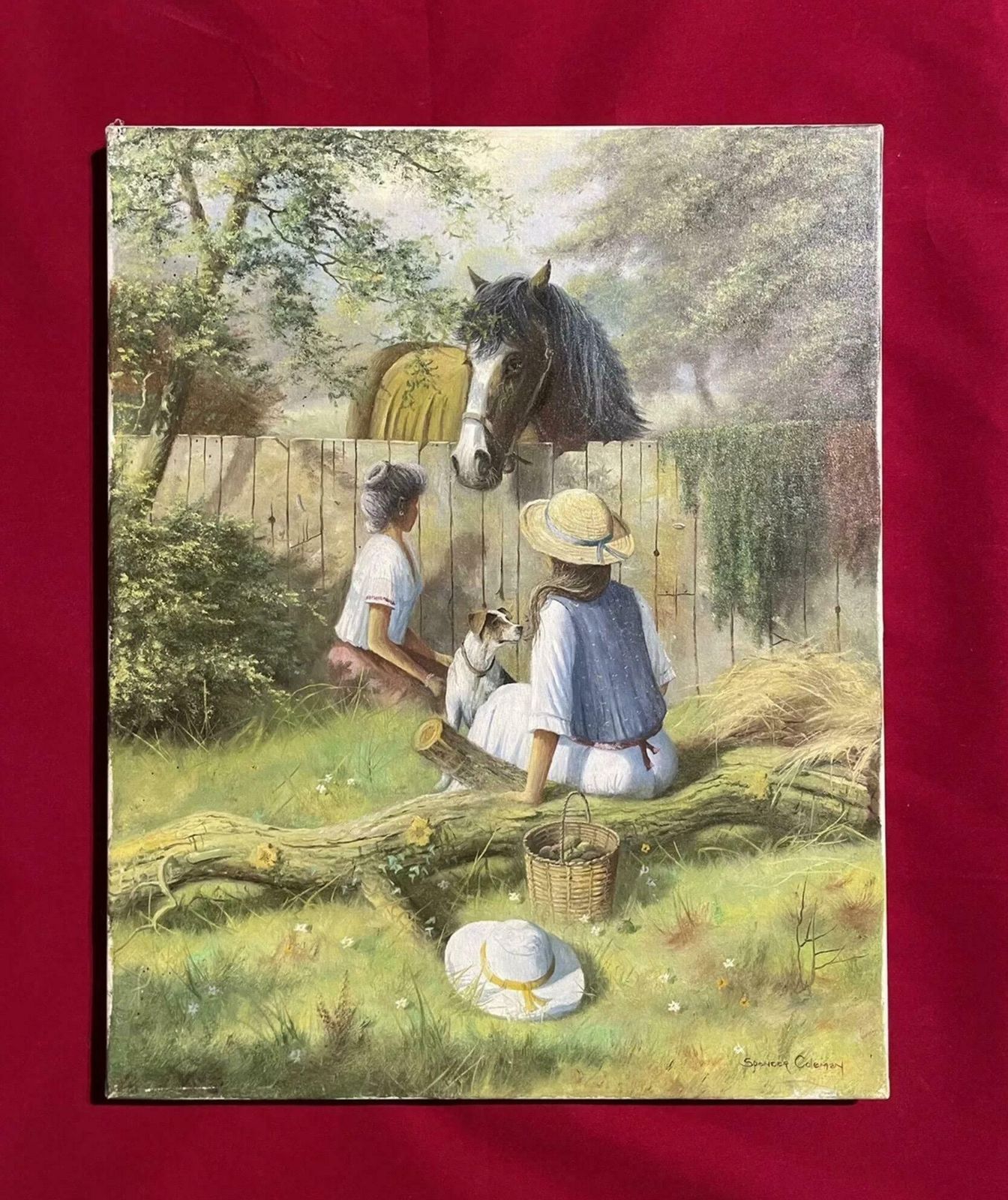 Martin Spencer Colemansigned English Oil Painting Children Feeding Horse With Terrier Dog Lovely Imagec. 2000's photo furniture