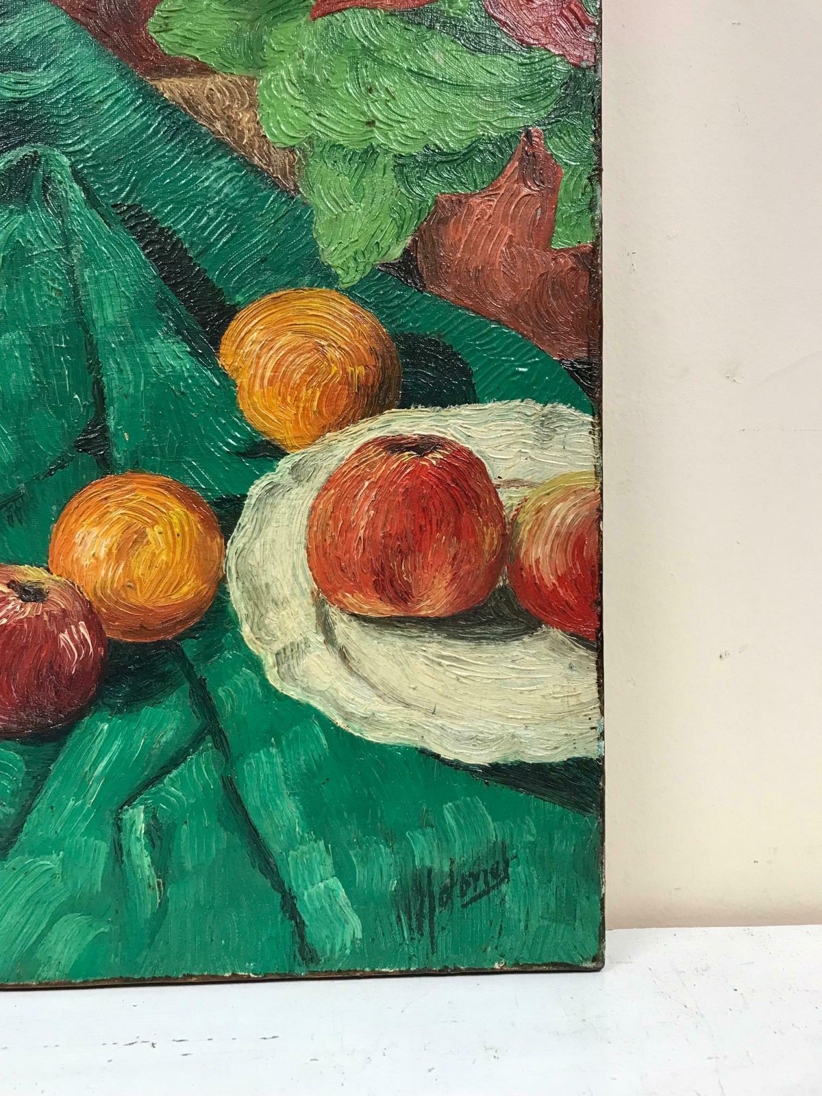 20th Century French Schoolmid Century French Post Impressionist Signed Oil Apples On Green Table Interior photo vinterior
