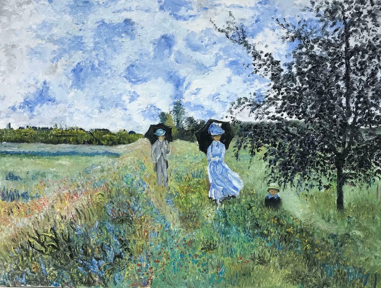 20th Century French Schoolfrench Impressionist Oil On Canvas Elegant Family With Parasols Walking In Field