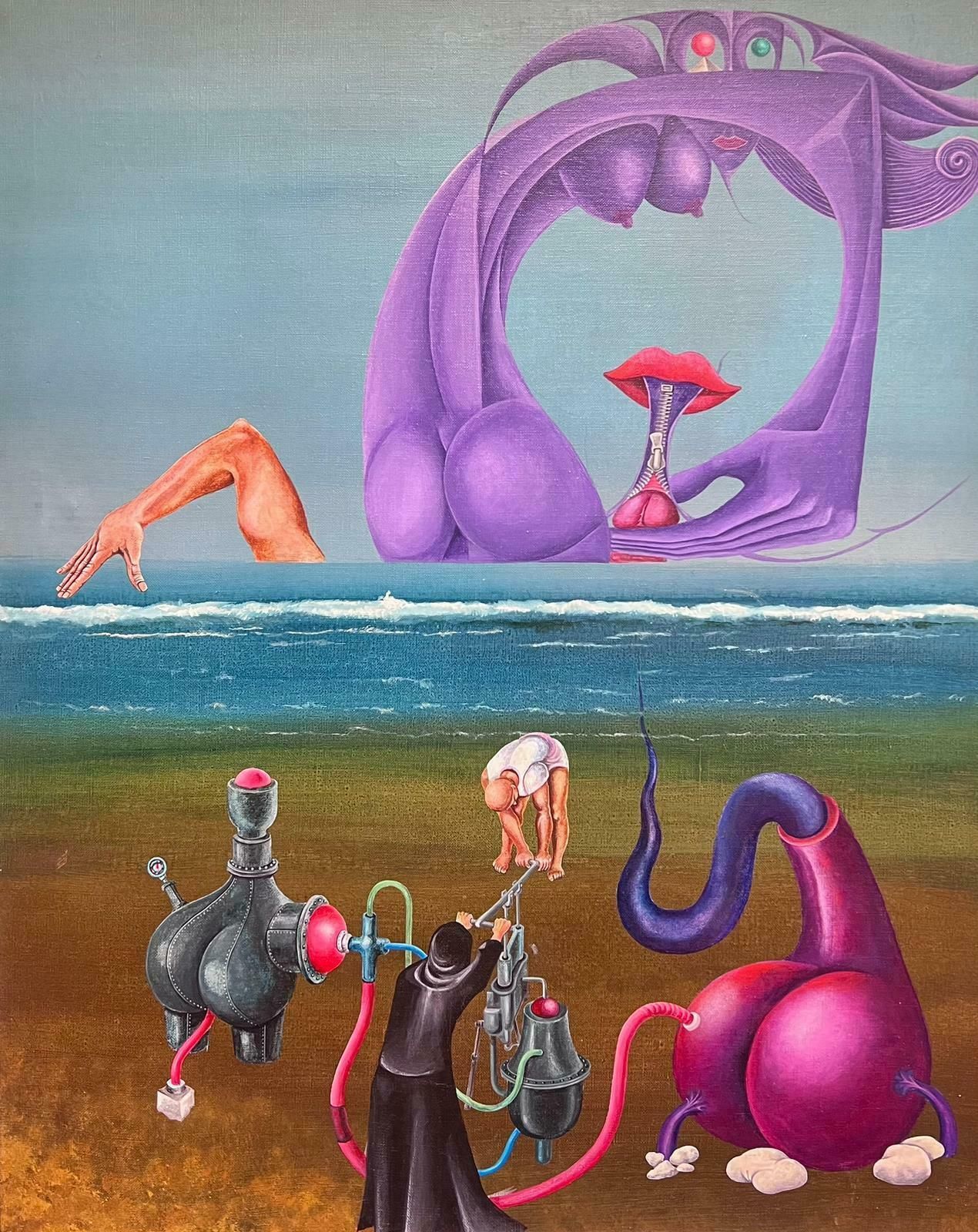 French School1970's Large French Surrealist Oil Painting Figures On The Beach1975