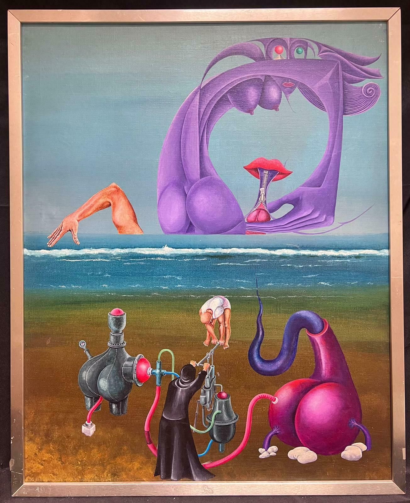 French School1970's Large French Surrealist Oil Painting Figures On The Beach1975 photo furniture
