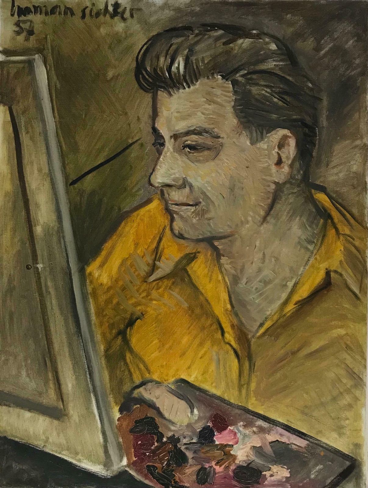 20th Century French School1950's French Impressionist Signed Oil   Artist At Easel Self Portraitc. 1957
