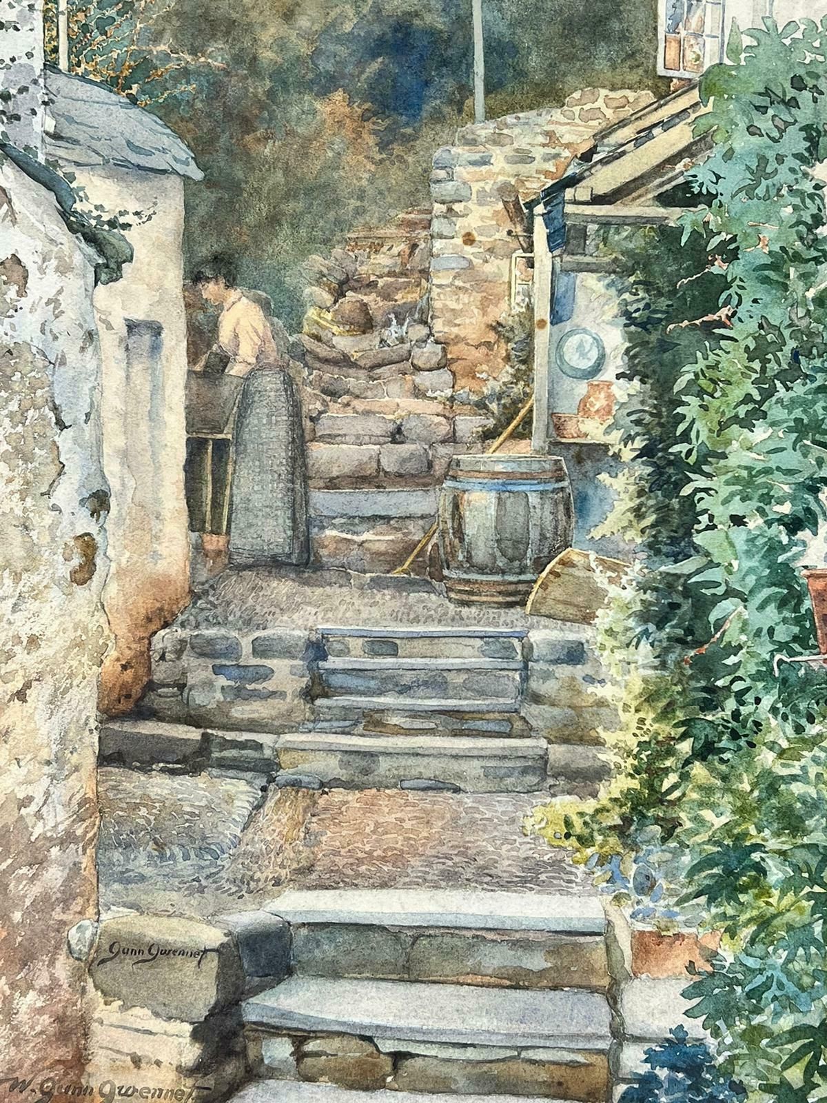 Gunn Gwennetfine 1900’s English Watercolour Painting Lady By Cottage Steps Signed1900’s photo Art
