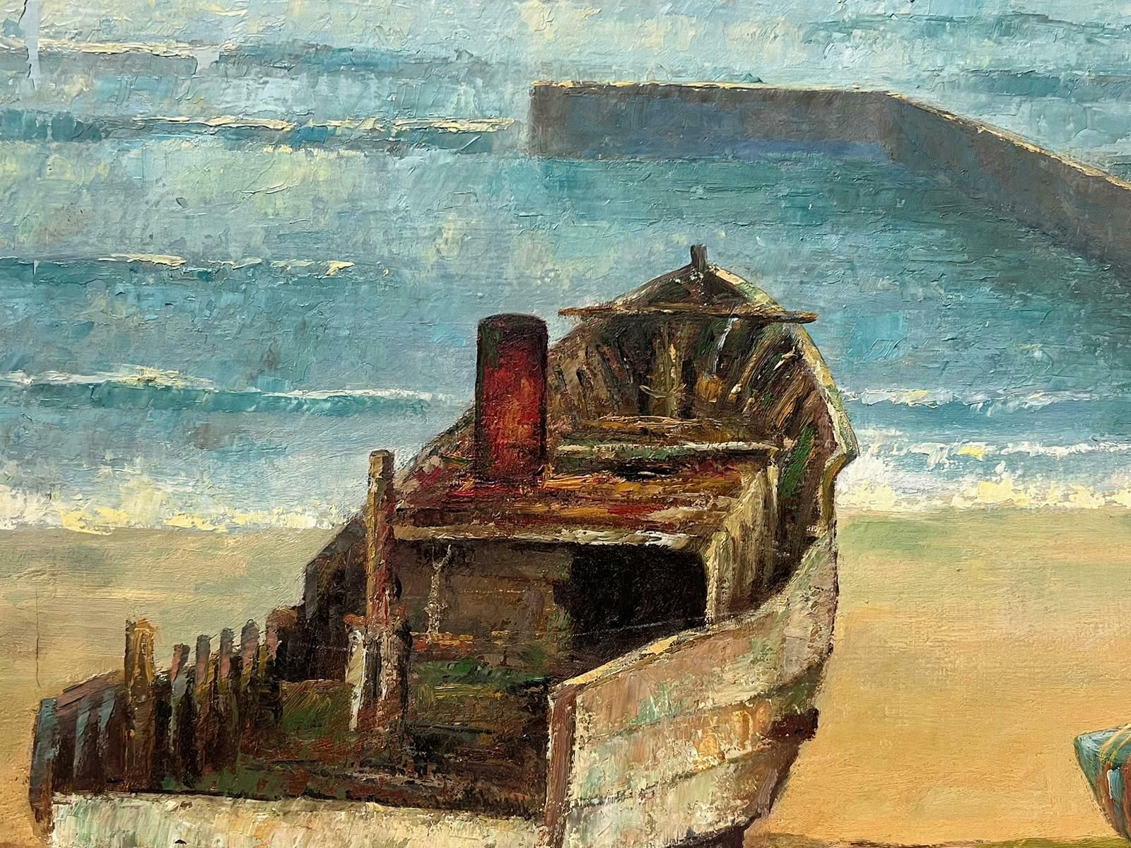 French Schoollarge 20th Century French Post Impressionist Signed Oil Painting Boats On Beach photo vinterior