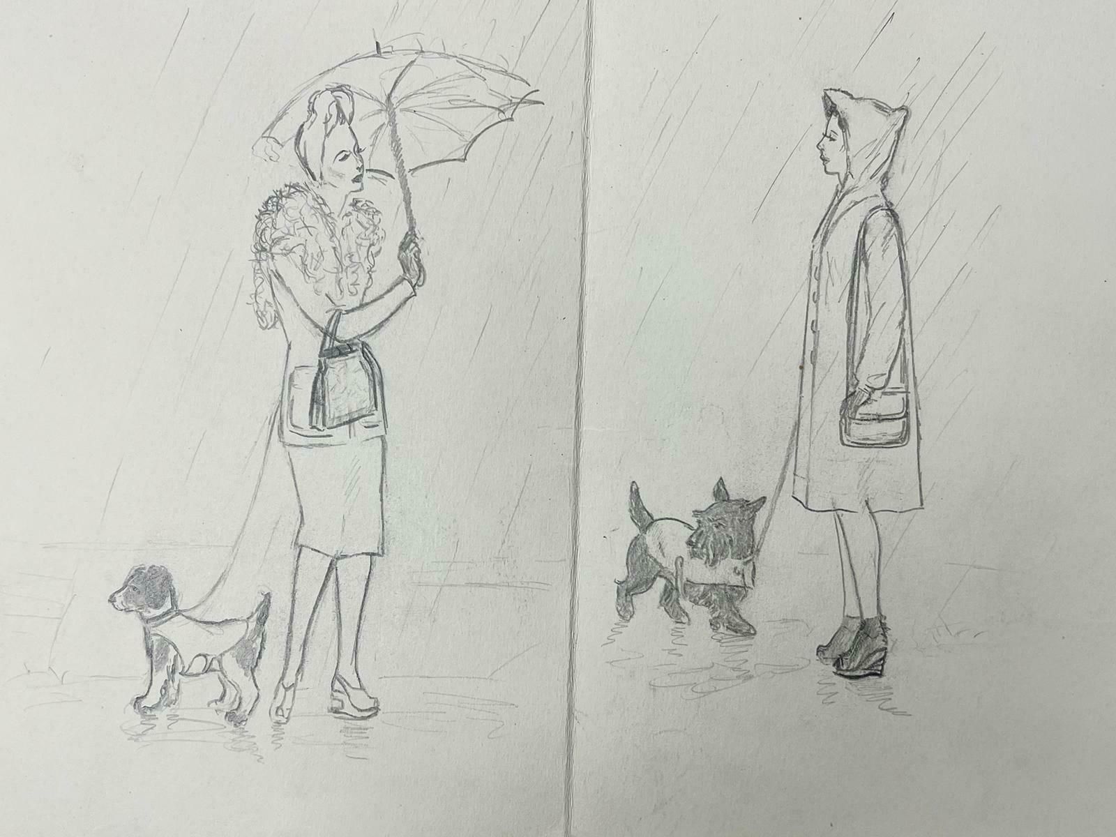 Josine Vignon1950’s Fashion Illustration Painting Of Mother & Child Walking In The Puddles1960's photo furniture